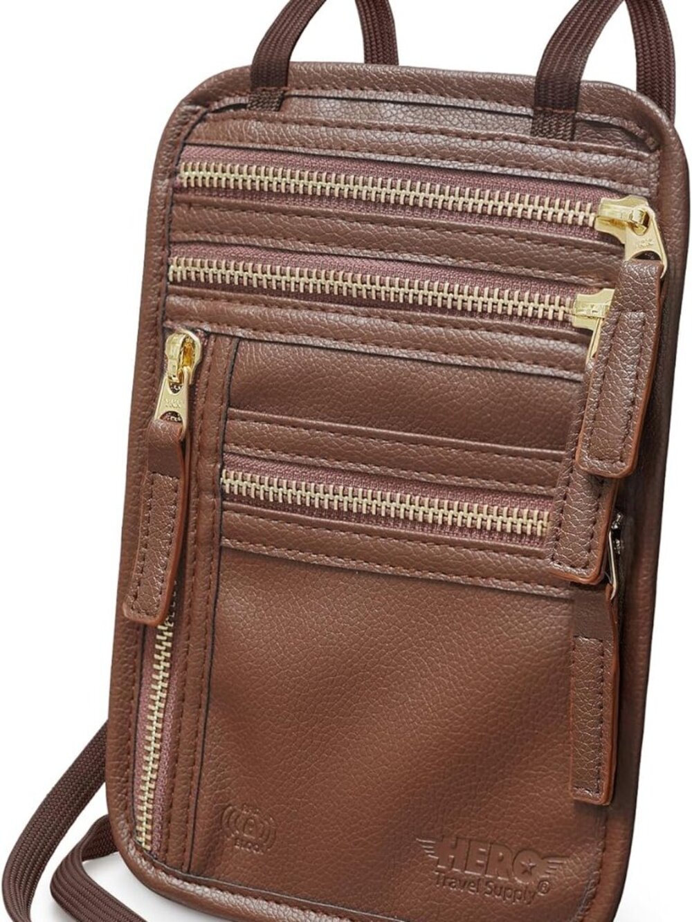 HERO Neck Wallet - RFID Blocking Passport Holder.  BROWN Vegan Leather